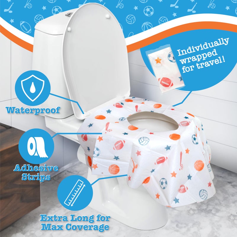 Potty Shields Disposable Toilet Seat Covers for Kids & Adults, 40 Pack - Protect from Public Toilet Germs While Potty Training & More - Extra Large, Waterproof, Portable, Individually Wrapped - Blue/Sports - Image 4